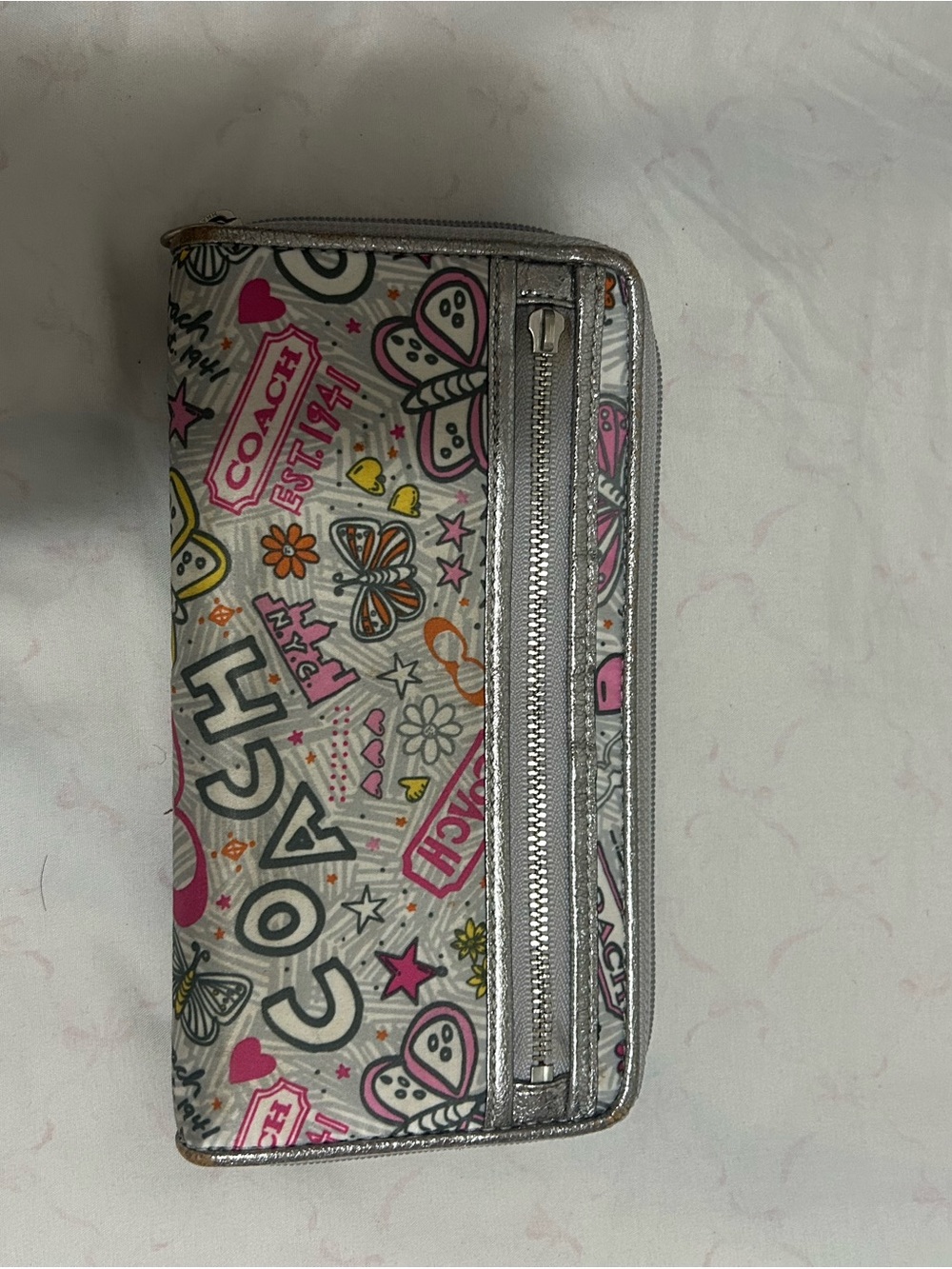 Coach Silver Graphic Zip Wallet with Pink, Yellow & Orange Accents